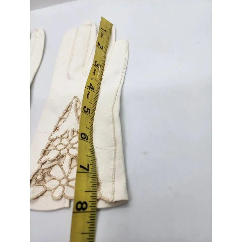 Vintage White Leather Gloves Womens Floral Lace Cutout Insert Wrist